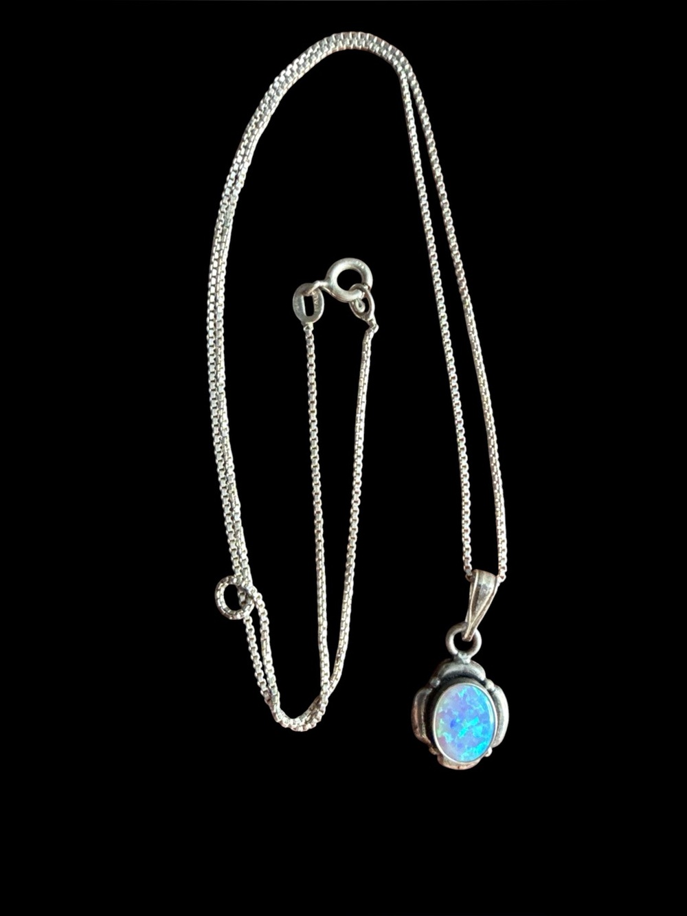 925 Sterling Silver Blue Opal Pendant 18 Inch Italy Box Chain Necklace